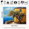 2D Vibrant Mediterranean Scenery Backdrop Orange Tree Yellow House & Sea Studio Background