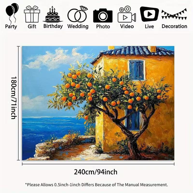 2D Vibrant Mediterranean Scenery Backdrop Orange Tree Yellow House & Sea Studio Background