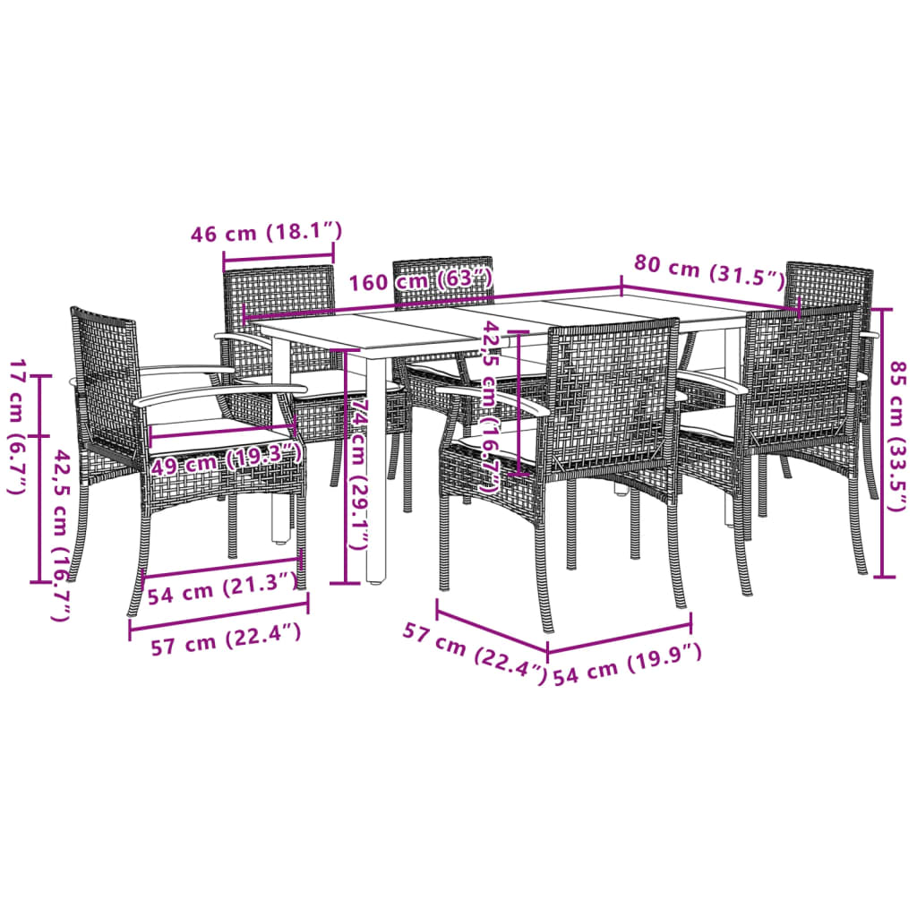 Vidaxl 7-Cz. Garden Furniture Set With Cushions, Grey, PE Rattan