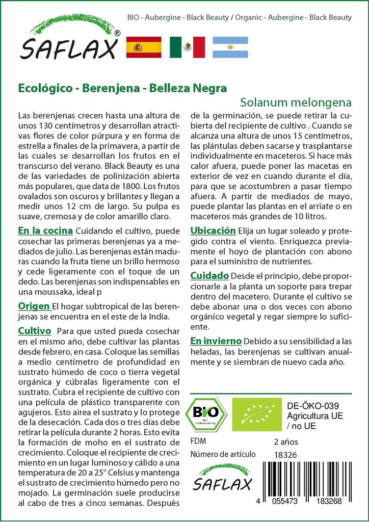 SAFLAX Garden In the Bag - Organic - Aubergine - Black Beauty - 25 Seeds - With Substrate In a Fitting Stand Up Bag - Solanum Melongena