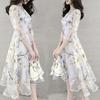 Women O Neck 3/4 Mesh Sleeve Floral Print Large Swing Double Layer Midi Dress