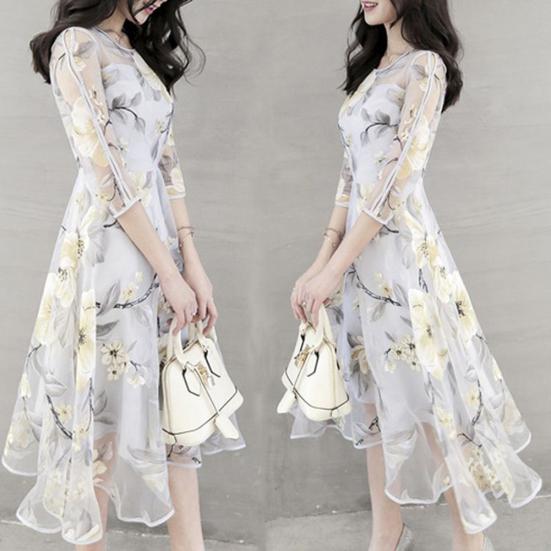 Women O Neck 3/4 Mesh Sleeve Floral Print Large Swing Double Layer Midi Dress