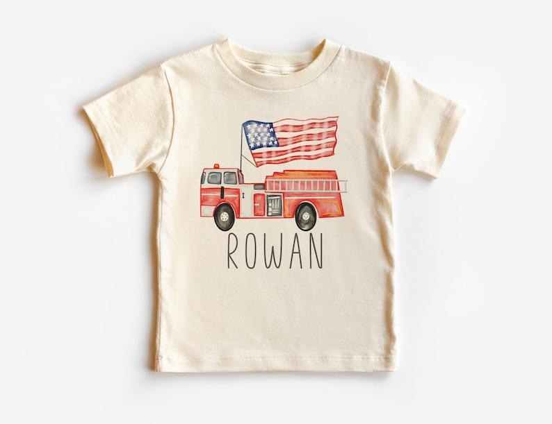 Personalized Fire Engine Kids Shirt - Custom Firefighter Truck T-Shirt - 4th Of July American Flag Tee - Boho Natural Kids & Youth Shirts 100