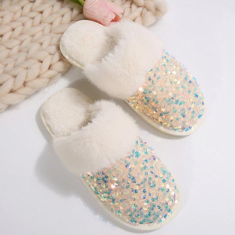 

Fashion Shining Sequins Home Fur Slippers Women 2024 Winter Warm Plush Flat Cotton Shoes Woman Indoor Bedroom Soft Sole Fluffy Slippers 42-43 бежевый