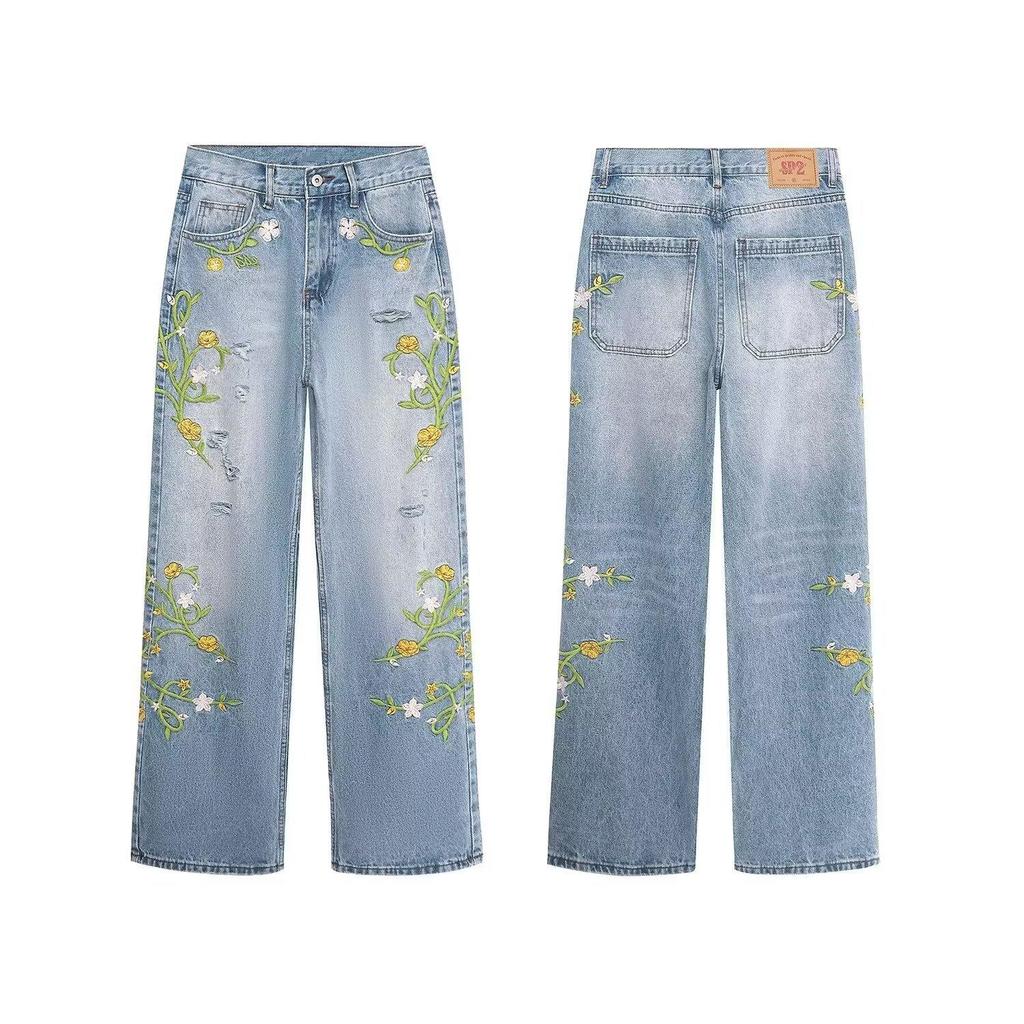 Trendige Marke Nische Rattan Blume Bestickte Jeans Herren Amerikanischer Vibe Straße Rowdy Gutaussehend Locker Gerade High Street Hosen