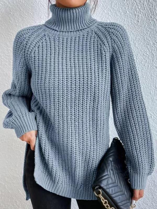 2026 Autumn/Winter Women's Knitted Mid-Length Raglan Sleeve High Turtleneck Slit Sweater Dress