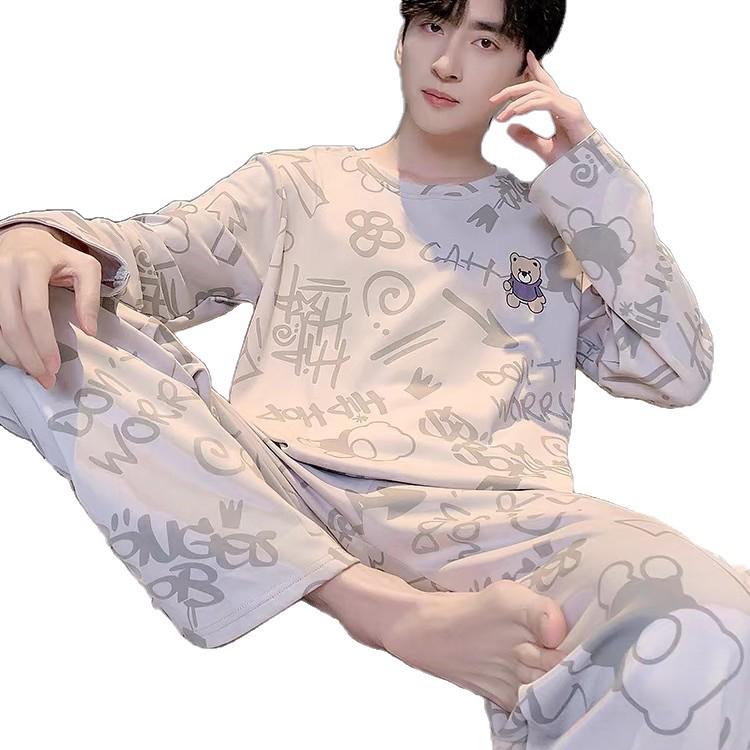 Set de pijama de desene animate pentru bărbați mărime plus: Mânecă lungă, Subțire, pentru Primăvară, Toamnă și Iarnă - Haine de casă pentru Adolescenți și Studenți.