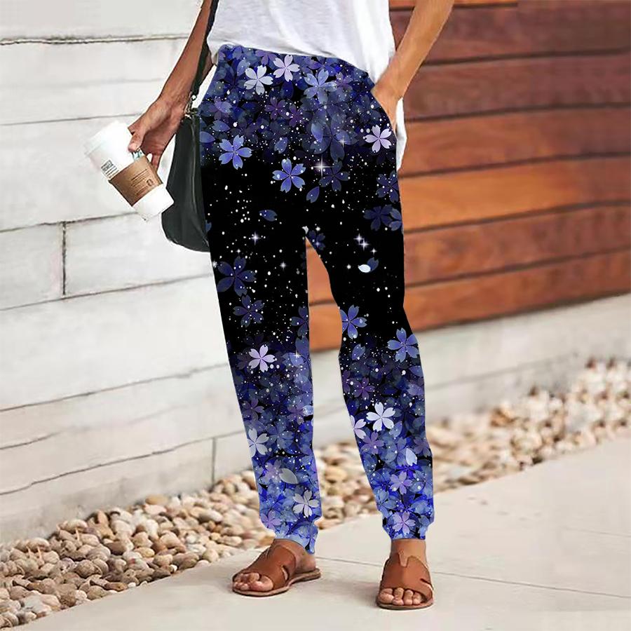 Women Flower Printing Pants Lace Up Elastic Waist Loose  Trousers Casual Long Pants Trousers with Pockets