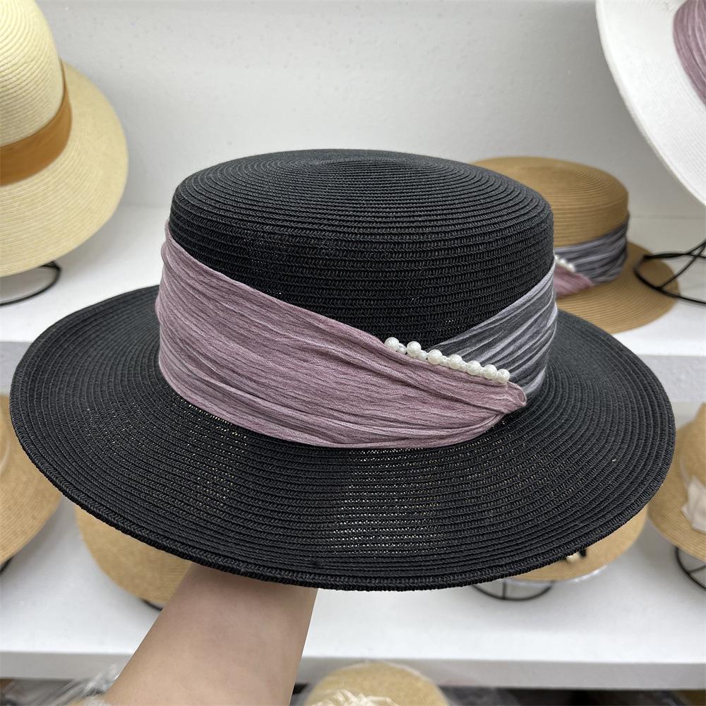 Celebrity temperament elegant pearl straw hat women's summer vacation pleated cloth flat top sunscreen visor