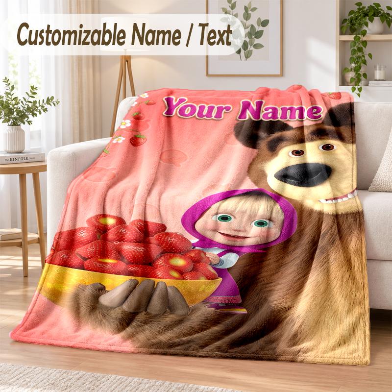 Masha and the Bear Custom Name Flannel Throw Blanket Soft Warm for Sofa Bed Indoor Home Use