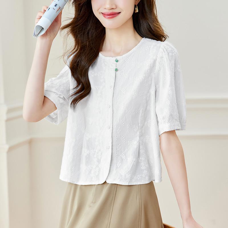 

Женская футболка с вышивкой и круглым вырезом, с короткими рукавами, летняя новинка, вышитый топ, рубашка из чистого хлопка на китайских пуговицах M белый