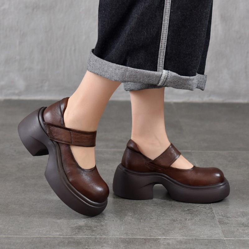 Johnature Thick Soled High Heels Pumps Genuine Leather Round Toe Thick Heel Women's Platform Shoes