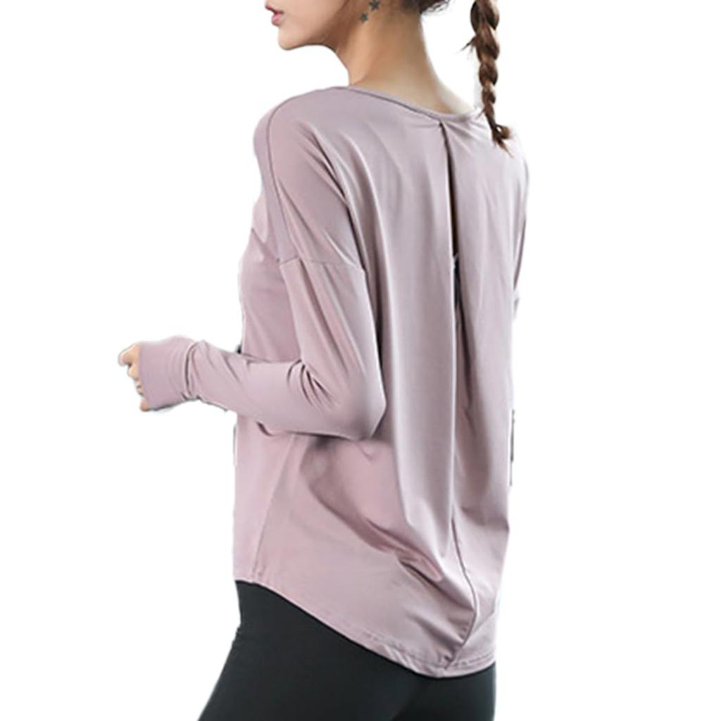 DAYCLOSET Long Sleeve Yoga Top with Pilates Finger Asymmetrical Open Yoga183 Women's Design, Holes, Hem, Quick-Drying, Sweat-Wicking, Thin, Back, (M,