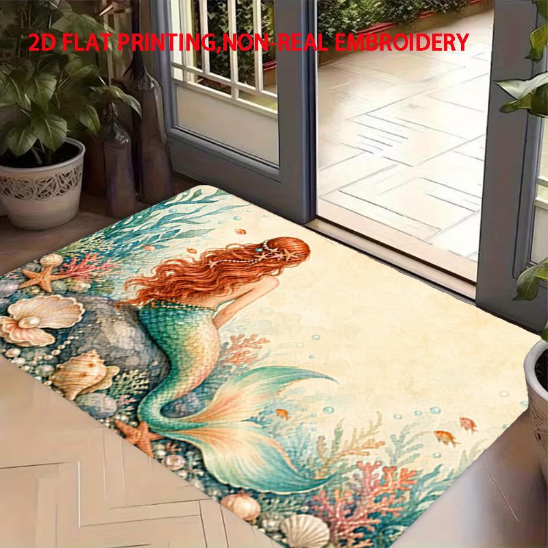 1pc, 2D Flat Printing, Retro Undersea Mermaid Indoor Floor Mat for Entrance, Non-Slip And Machine Washable Polyester Carpet, Suitable for Home And Out