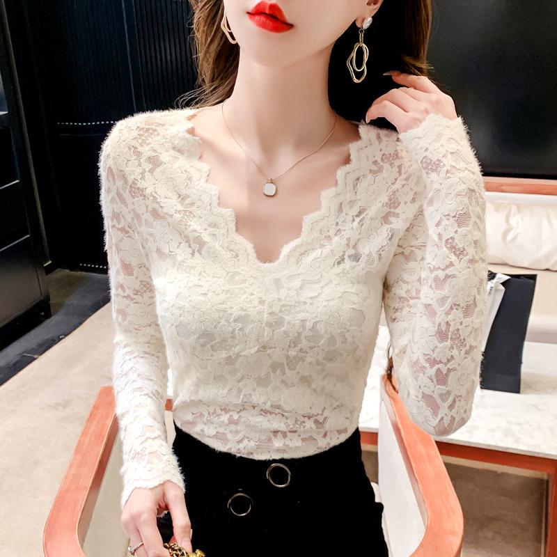 Women's V-Neck Lace Mesh Velvet Top - Long-Sleeve, Slim, Stylish for Autumn/Winter