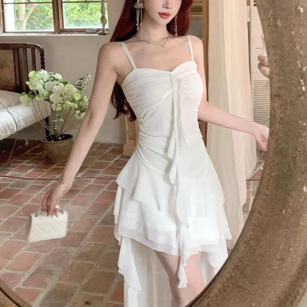 Sexy Spaghetti Strap Ruffle Irregular Bodycon Party Club Evening Dress Women Mesh Suspender Spring Summer Holiday Beach