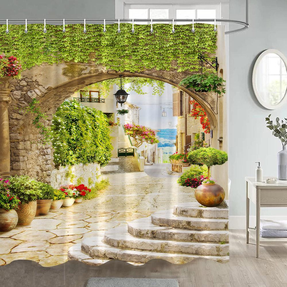 Italian Street View Shower Curtain Vintage Town Arch Floral Plant European Style Scenery Home Bathroom Curtains Decor with Hooks