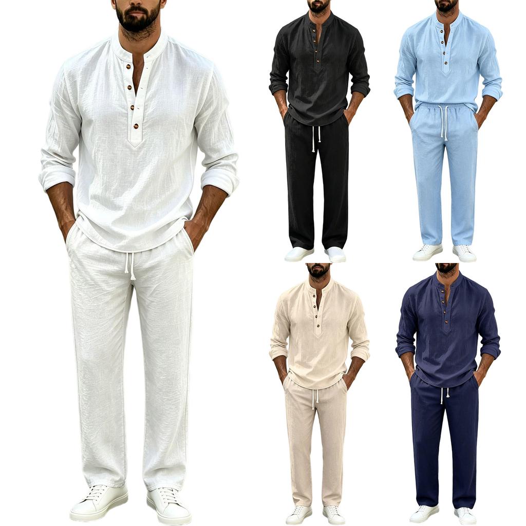 Men's Linen Long Sleeve Button-Up Shirt and Pants Set Loose Fit Casual Two Piece Outfit