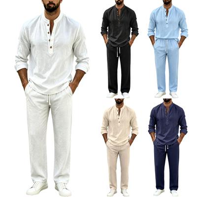 Men's Linen Long Sleeve Button-Up Shirt and Pants Set Loose Fit Casual Two Piece Outfit