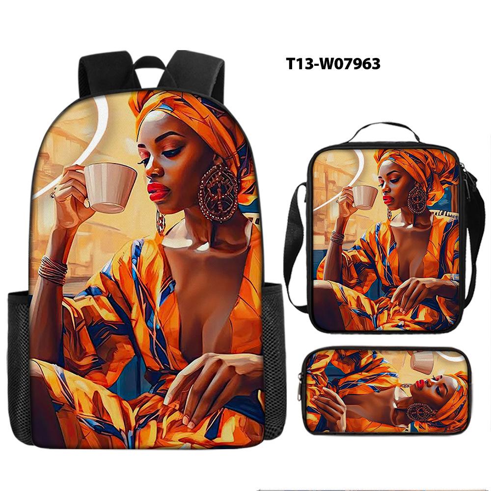 African Girl Schoolbag Three-piece Set, Primary School Students Backpack, Computer Bag, Large Capacity