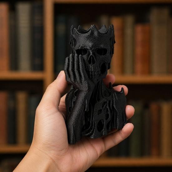 Yousheng 3D Printed Melting Skeleton Statue, Matte Black Gothic Skull Holding Chin Figurine, Dark Style Sculpture for Home Decor Desktop Ornament