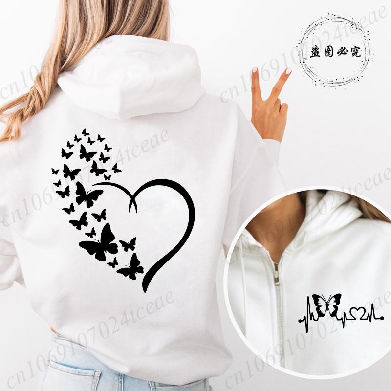 New Fashion Zipper Hooded Hoodie Clothes Butterfly Heart Printed Fashion Sweatshirts Casual Fashion Zip Up Jackets Coat Tops