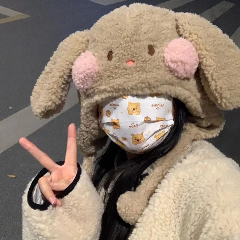 Cartoon cute big-eared rabbit female new winter thickened warm plush ear cap