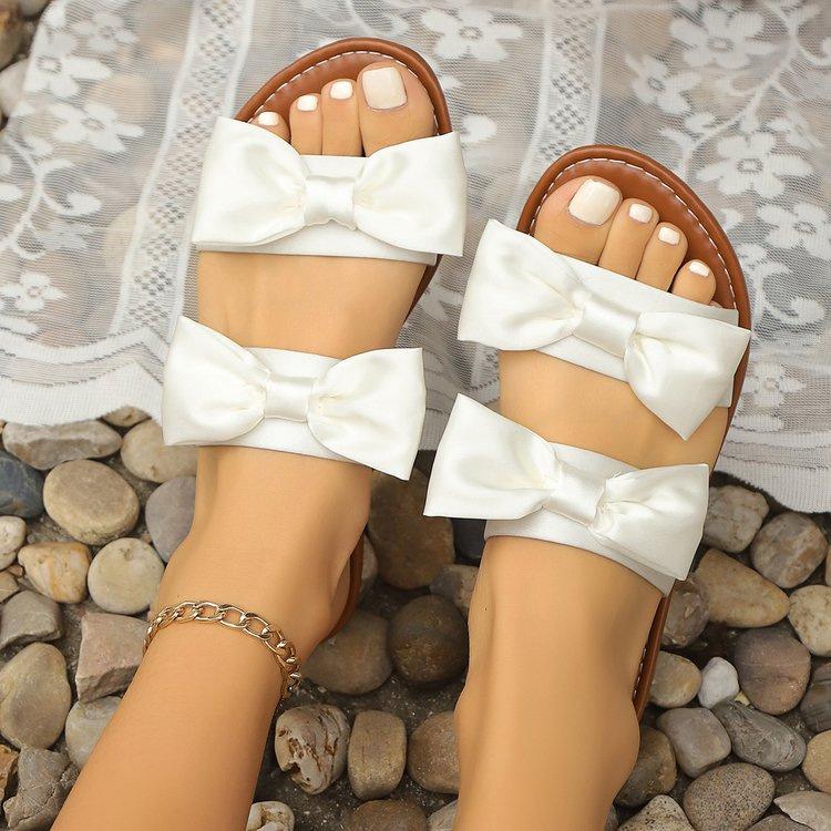 One-word Bow Flat-bottomed Slippers Women's Summer Casual Wear Beach Cool Slippers Women