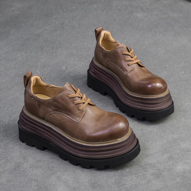 Johnature Zapatos de plataforma plana con suela gruesa y elevación retro, zapatos de mujer de moda versátiles con cordones y punta redonda