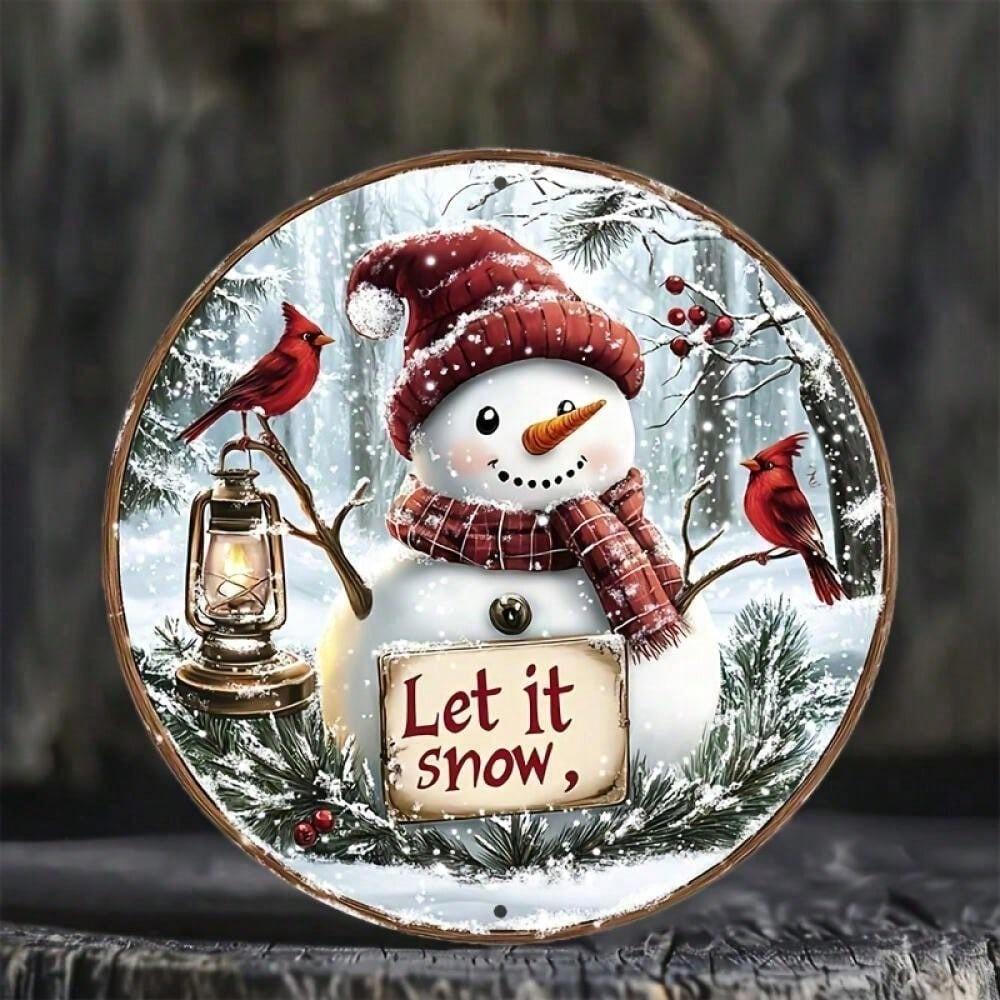 Vintage Snowman Cardinal Wall Plaque 8 Inch Round Aluminum Sign Let It Snow Winter Scene Lantern Holiday Christmas Decor