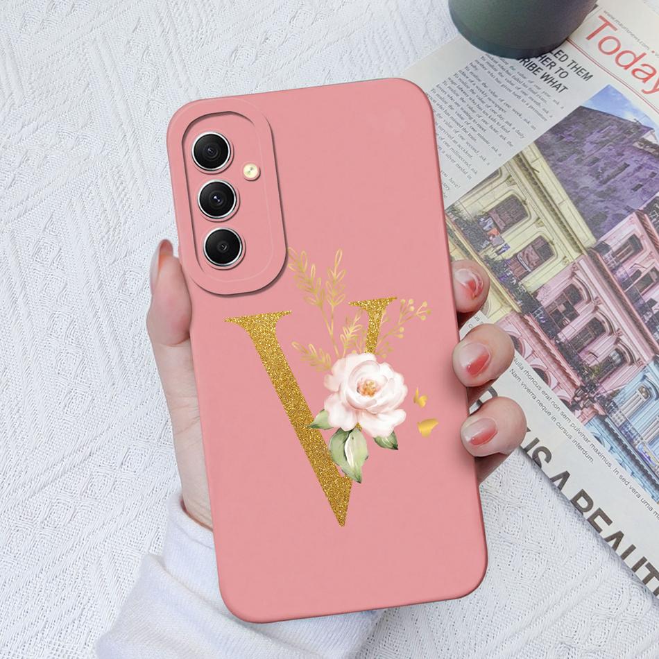 Phone Case For Samsung Galaxy A34 A33 A32 Elegant Rose Letter Soft Liquid Silicone Sqare Back Cover For Samsung A 34 33 32 Shell