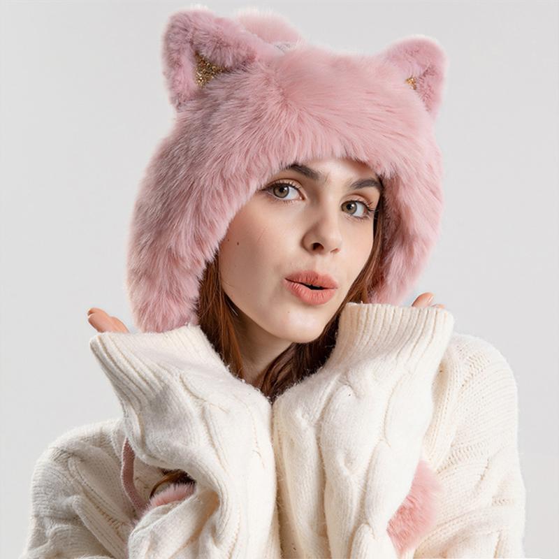 Winter Cute Warm Knitted Hats for Women Cartoon Cat's Ears Two Balls Earflap Cap Plush Fluffy Thicken Warm Fur Beanie Hat Female