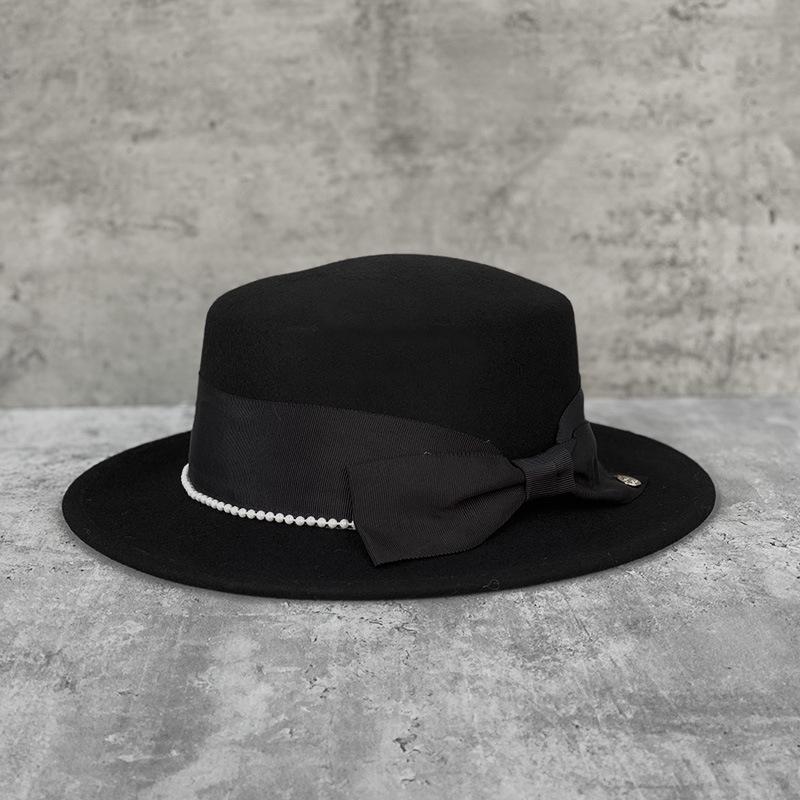 

French Elegant Celebrity Style Woolen Top Hat Women S Versatile Bow Wide Brim Flat Top Retro Felt Hat m57cm can be adjusted to a smaller size чорний