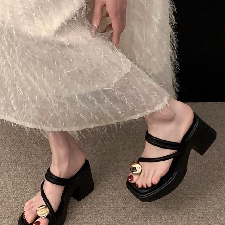 French beautiful cool slippers wear 22 new summer high-heeled high-heeled thick-soled toe slippers