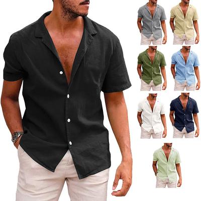 Men's Short Sleeved Shirt Solid Color Turn-Down Collar Short Sleeved Button Men's Cotton Linen Shirt