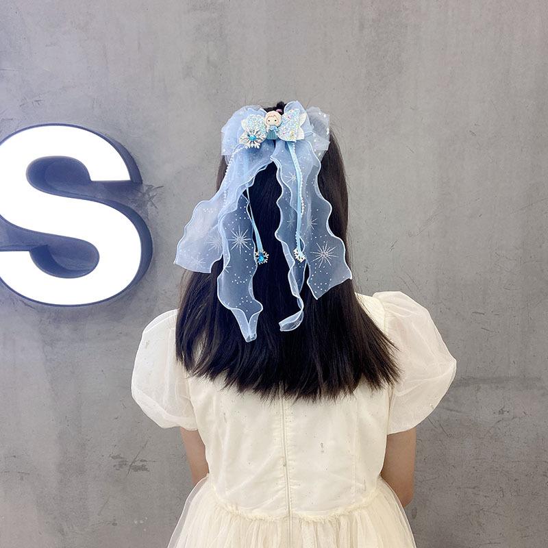 Korean Fairy Princess Bow Hair Clip with Flowing Blue Ribbon