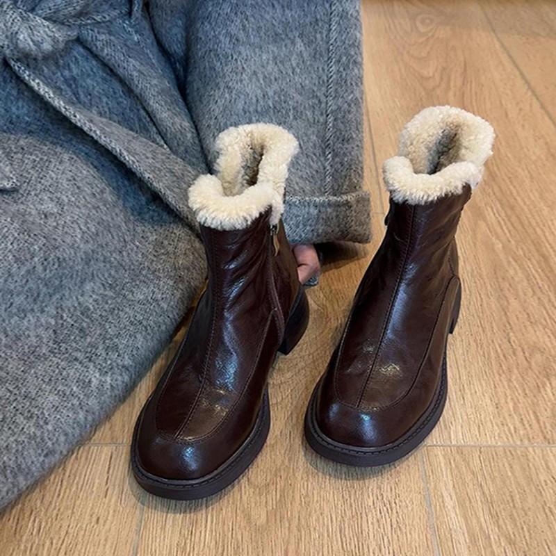 Leather Coarse Heel Snow Boots Women's 2025 New Winter Martin Boots Northeast Boots Thick Velvet Cotton Shoes High Heel Short Boots