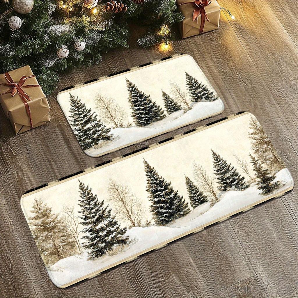 Set Christmas Kitchen Floor Mats Non Slip Washable Plaid Bean Cartoon Runner Rug for Family Xmas Holiday Decor