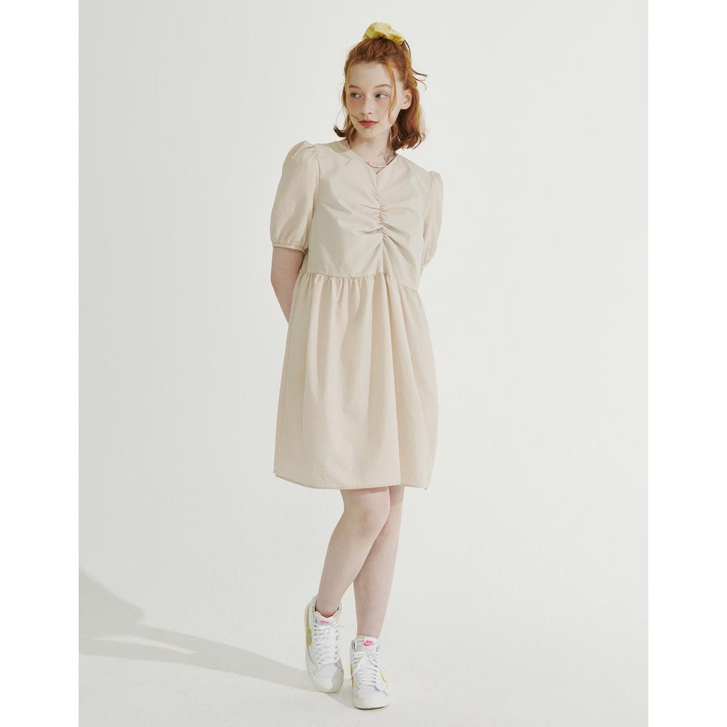 BETWEEN A AND B V-Neck Shirred Mini Dress [Beige]