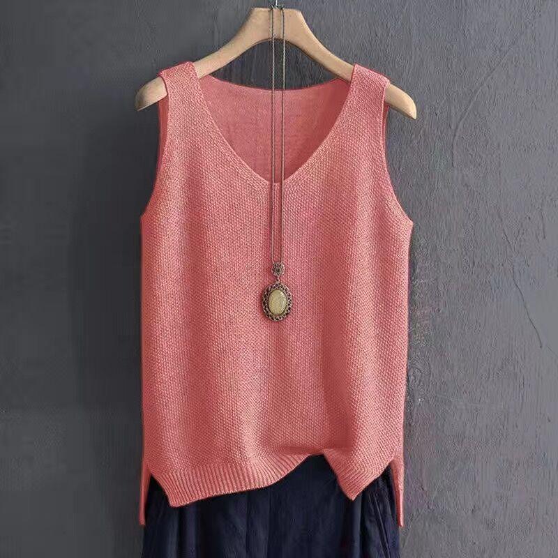 Fashion Large Size Ice Silk Suspender Vest Women's V Neck Knitted Bottoming Shirt Sleeveless Top Elegant Solid Color Loose Casual Simple Shirts