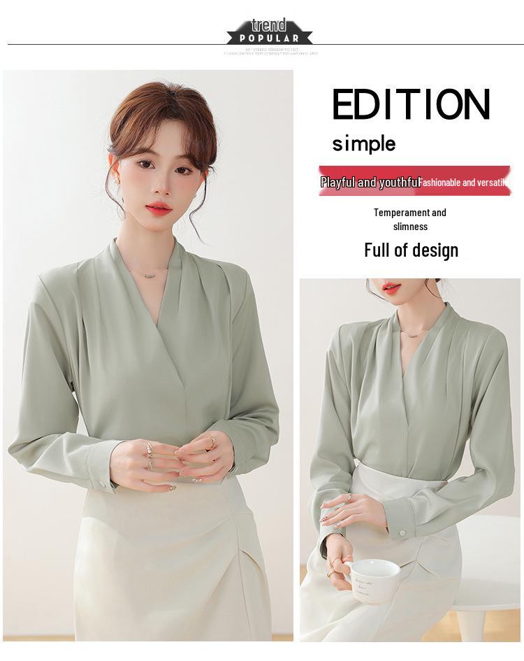 Women's Elegant Satin V-Neck Shirt: High-End Feel, Professional & Formal Wear for Spring/Autumn Commutes.