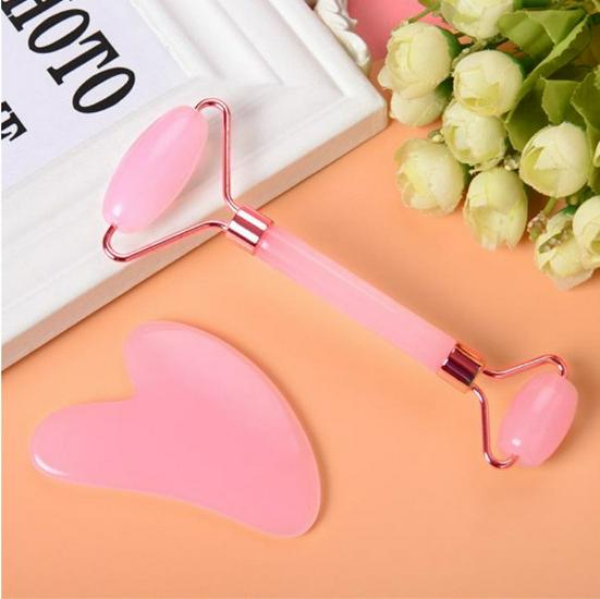 Rose Quartz Facial Roller & Heart-Shaped Gua Sha Set - Double-Headed Eye Massager and Lifting Tool.