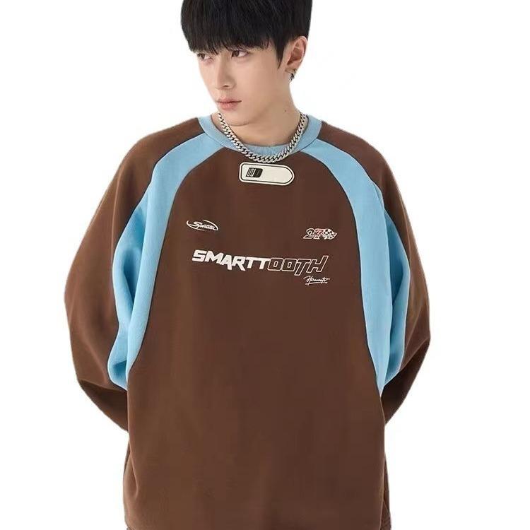 Unisex Long Sleeve Y2K Patchwork Sweatshirts High Street Letter Printed Hoodie Casual Loose Pullover for Men Women