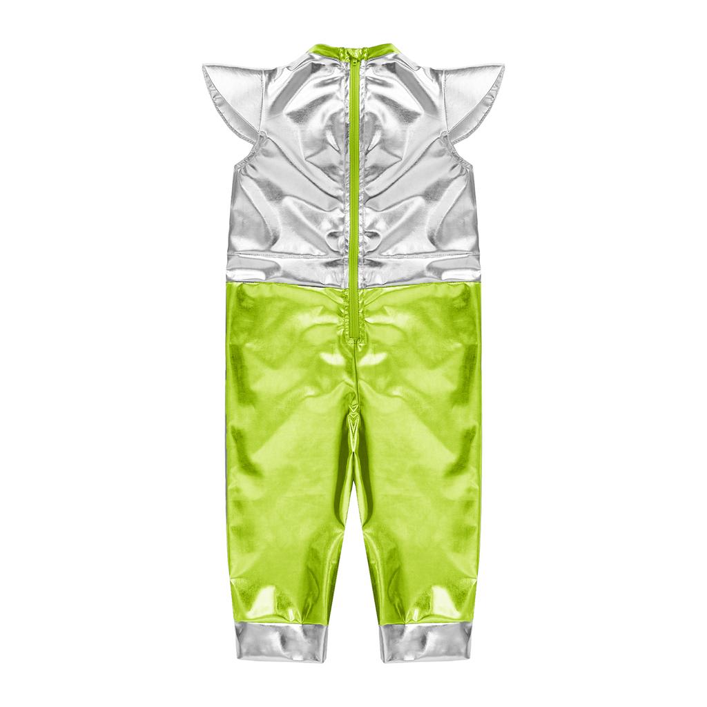 Baby Girls Color Block Alien Jumpsuit Cap Sleeve Zipper Back Metallic Romper Photography Cosplay Halloween