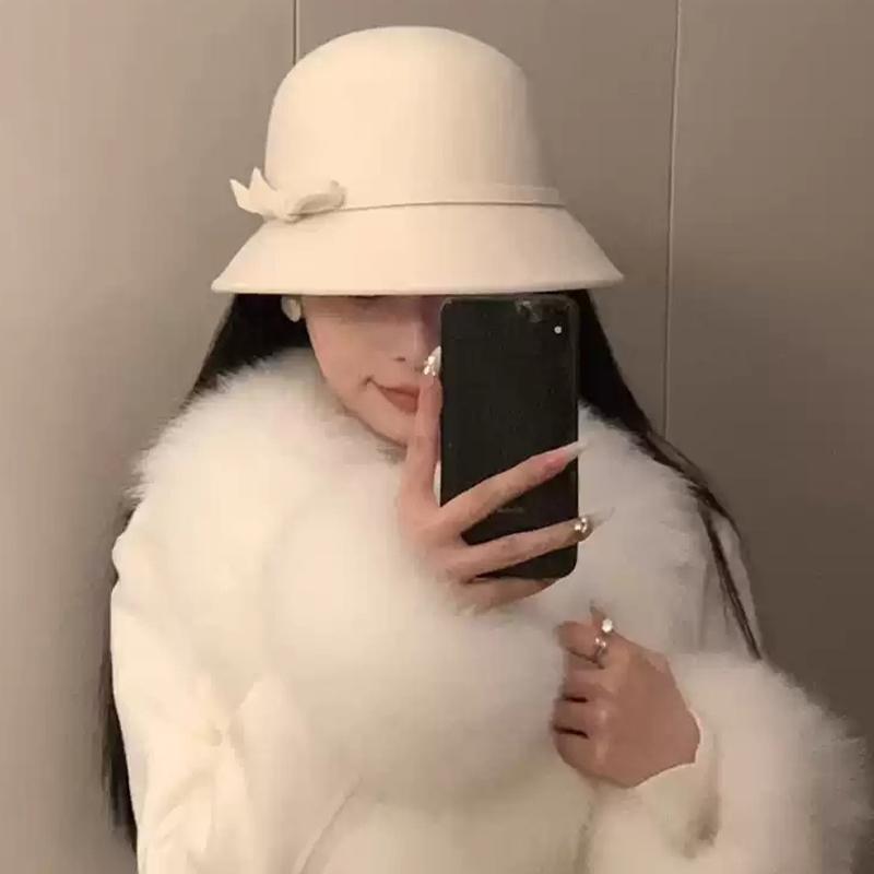 Black Bucket Hat Autumn Winter French Temperament Keeping Warm Bow Bucket Hat For Women