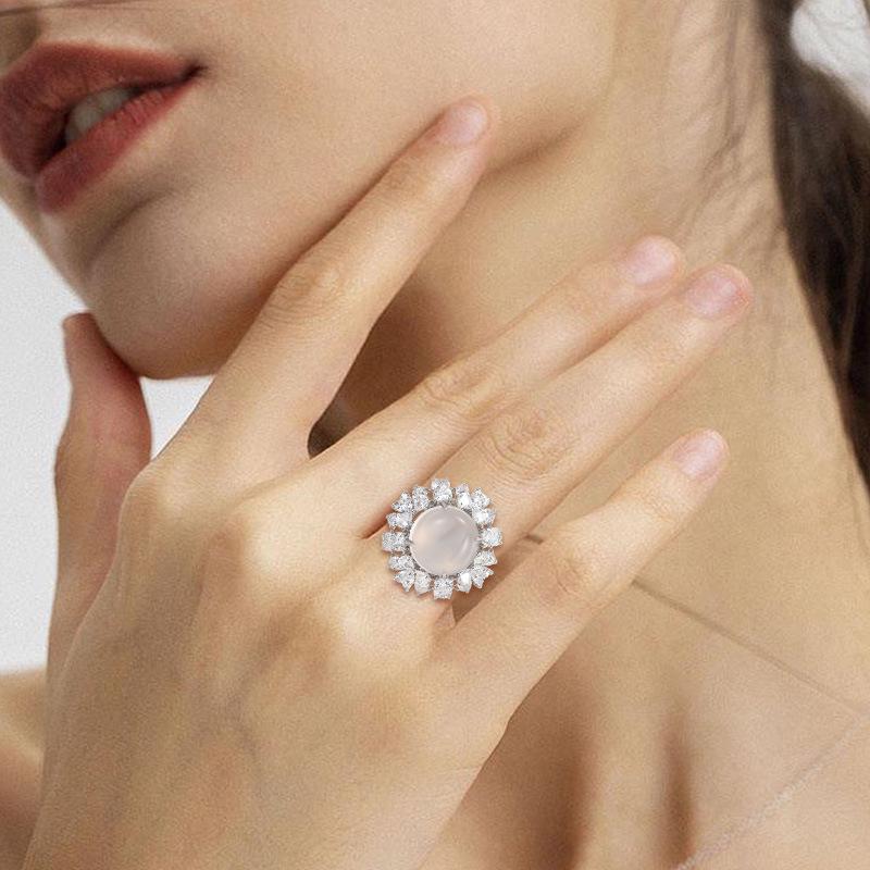 Ice Jade White Jade Flower Bloom Ring - High-End Diamond Paved Luxury Banquet Jewelry