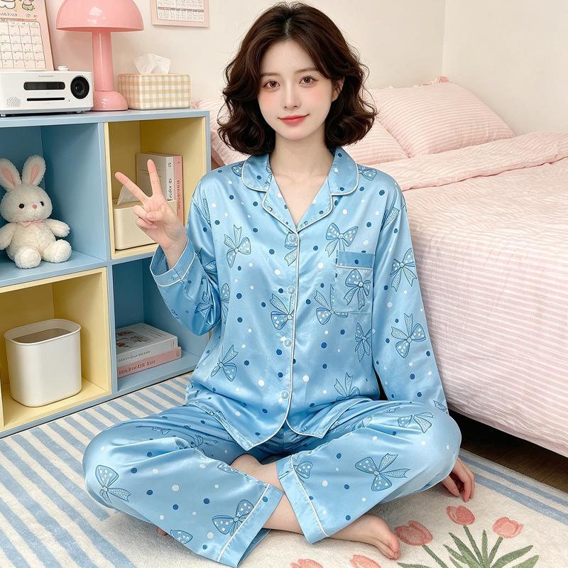Sweet and high-value butterfly print ice silk pajamas women's ins loungewear long-sleeved trousers two-piece set
