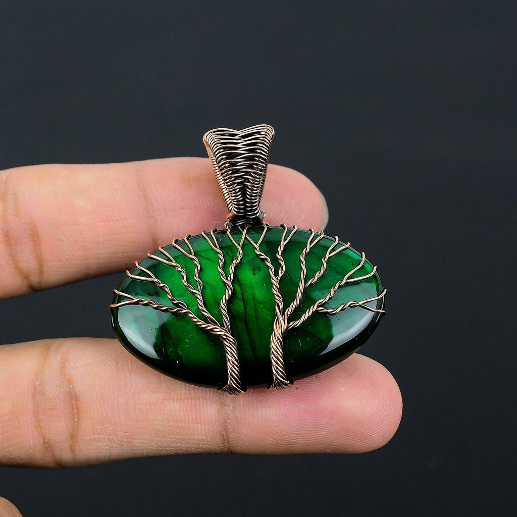 Grüner Flash-Labradorit-Edelstein, reiner Kupferdraht, umwickelt, handgefertigter Anhänger-Schmuck