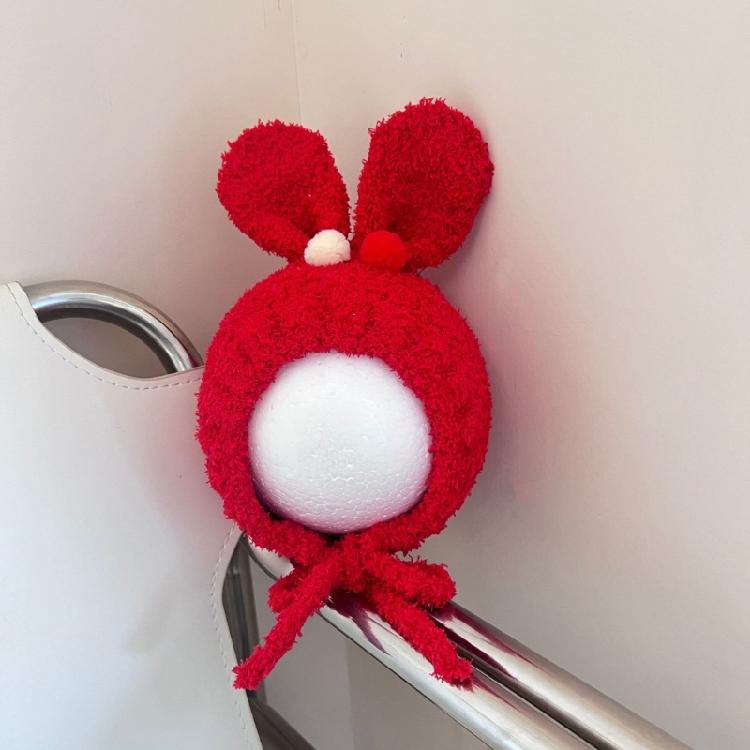 Baby Beanies with Tie Warm Lining Furry Pompoms Rabbit Ears Hat Adjustable Size Plush Hat Lovely Photo Props