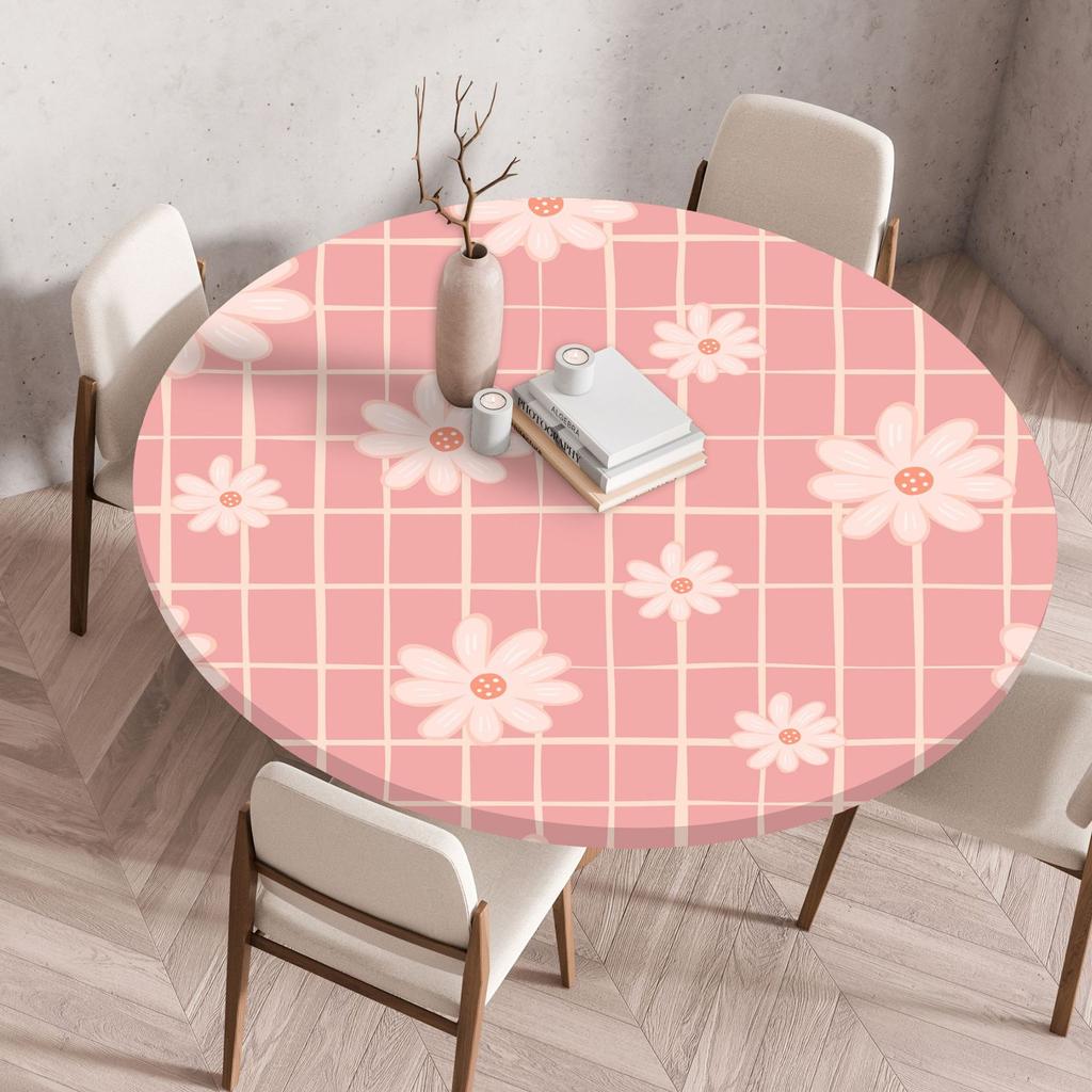 Plant Flower Patterns Round Tableclothes for Dining Table Fitted Table Protector Cover Elastic Edge Desk Decoration Waterproof